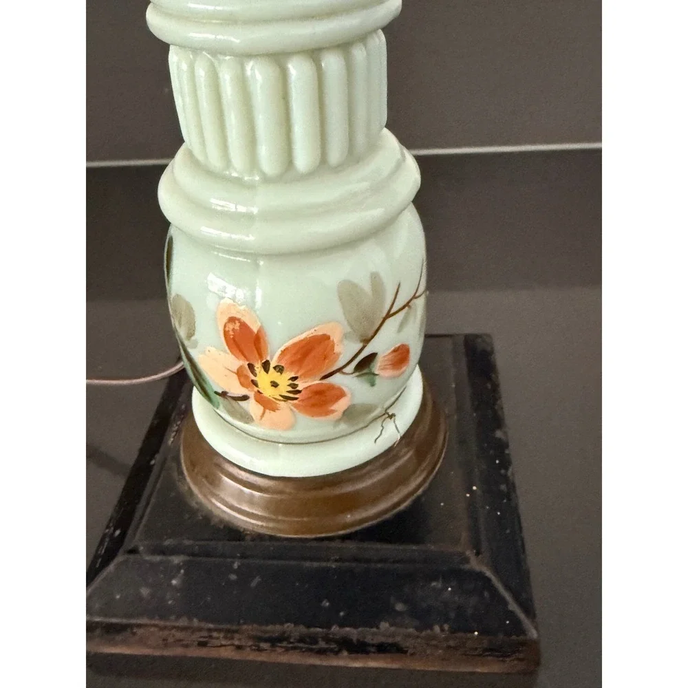 Vintage Electric Hurricane Lamp Floral Milk Glass Hobnail Clear Red Flame Bulb